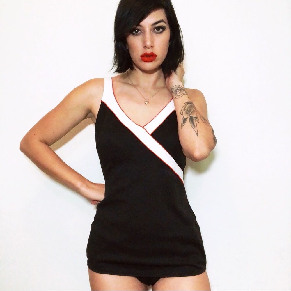 Black and White V-Neck Women Swim One Piece